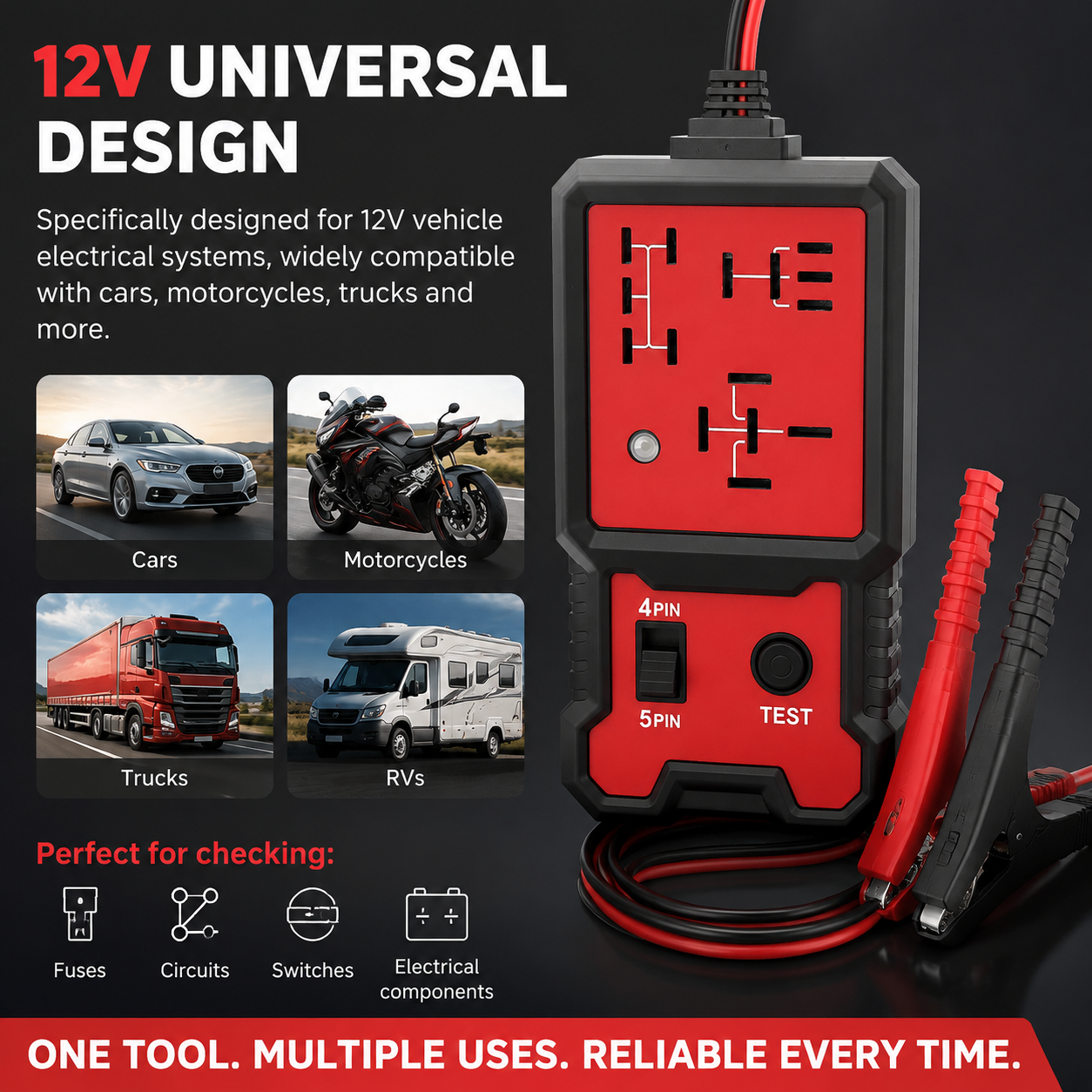 12-24V Automotive Relay Tester Kit with Test Leads, Fuse & Socket Tester