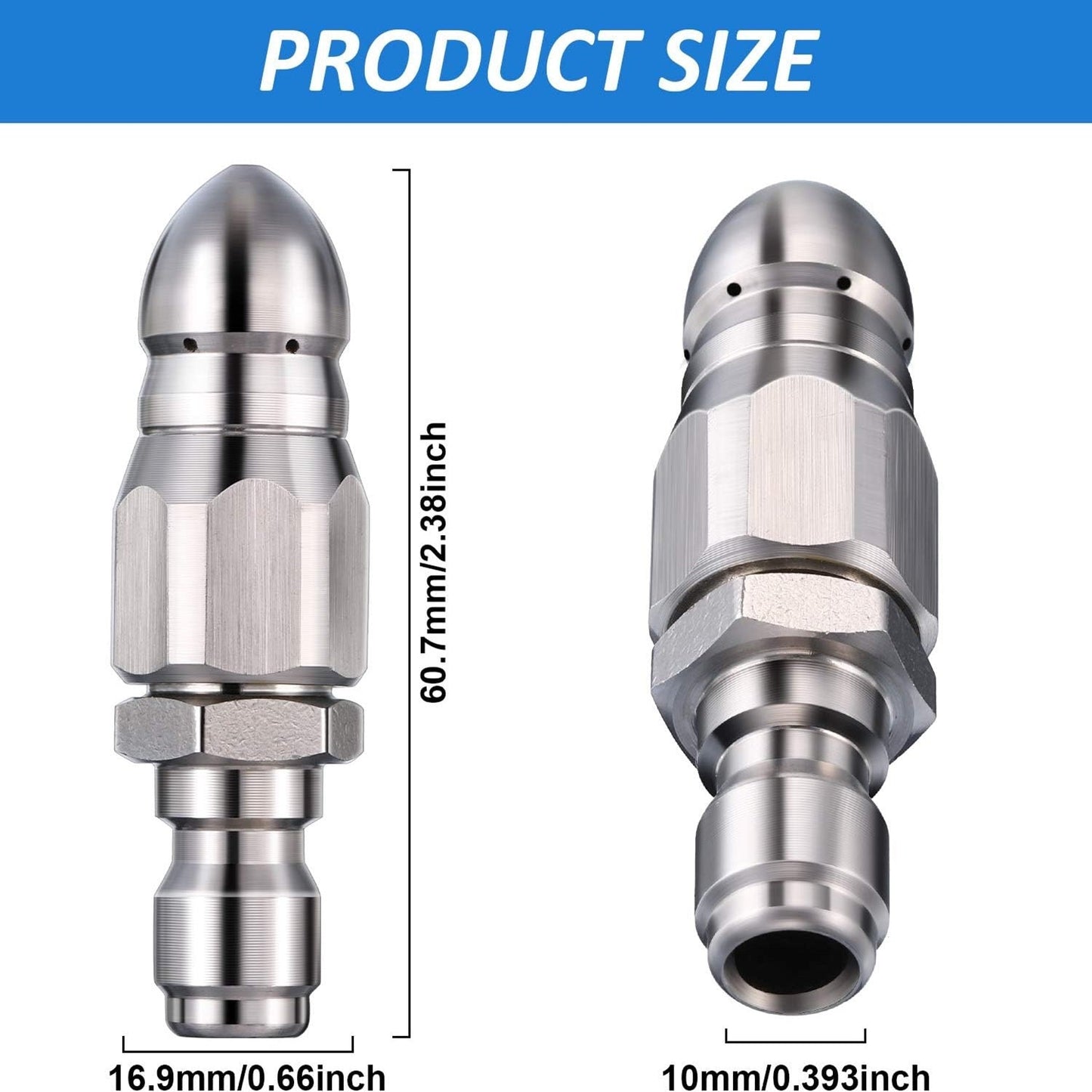 2Pcs Stainless Steel Sewer Jetter Nozzle, 65000 PSI High-Pressure Sewer Cleaning Tool