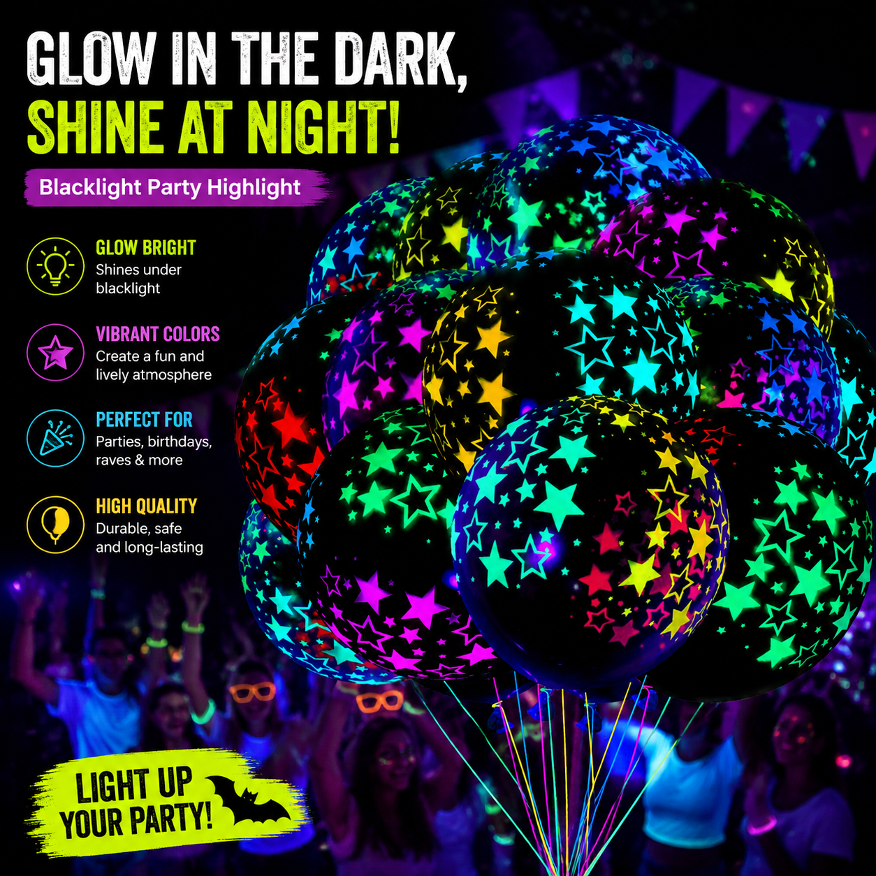 100 Pieces Neon Glow Balloons Neon Stars Glowin Blacklight Black Light Fluorescent Mini Stars
