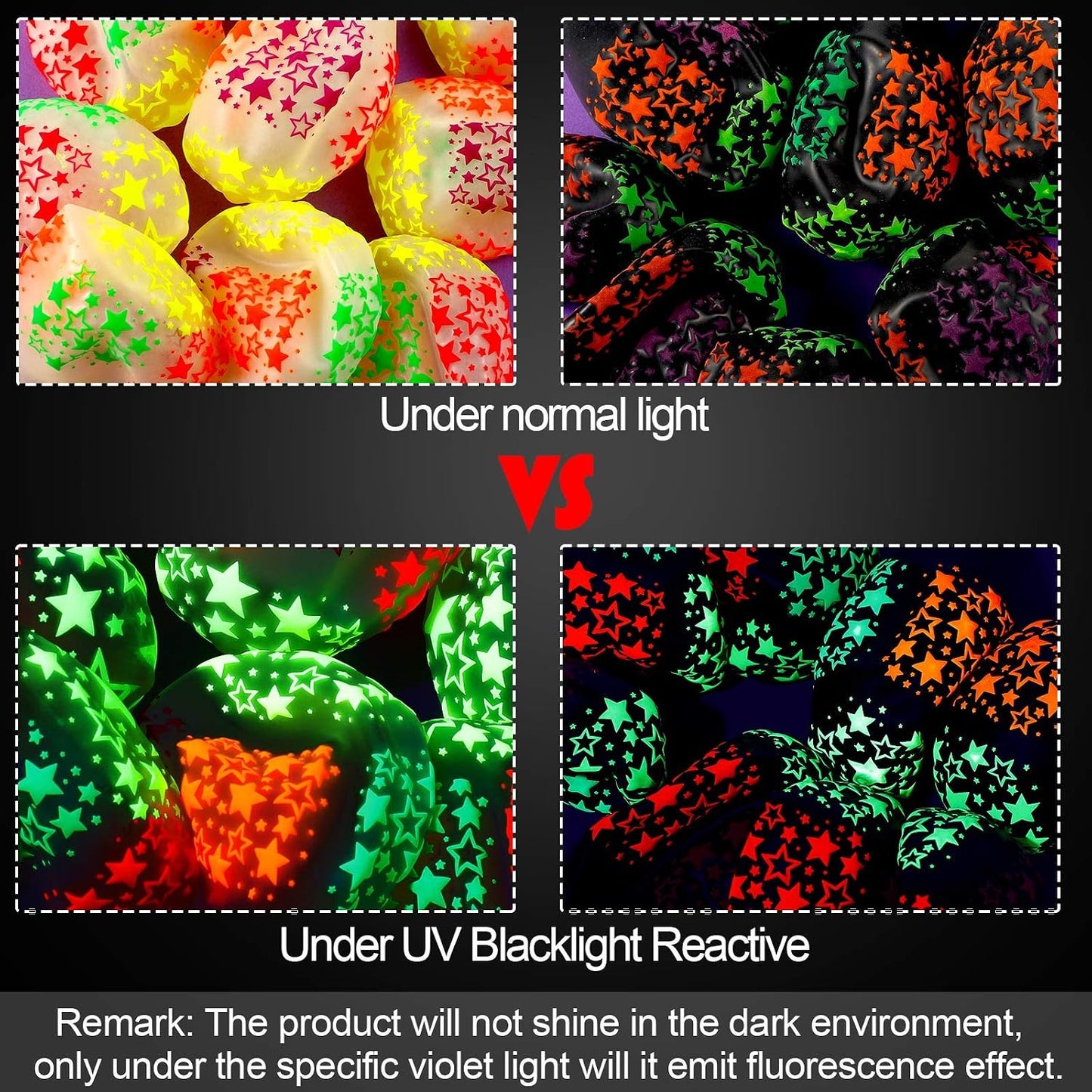 100 Pieces Neon Glow Balloons Neon Stars Glowin Blacklight Black Light Fluorescent Mini Stars