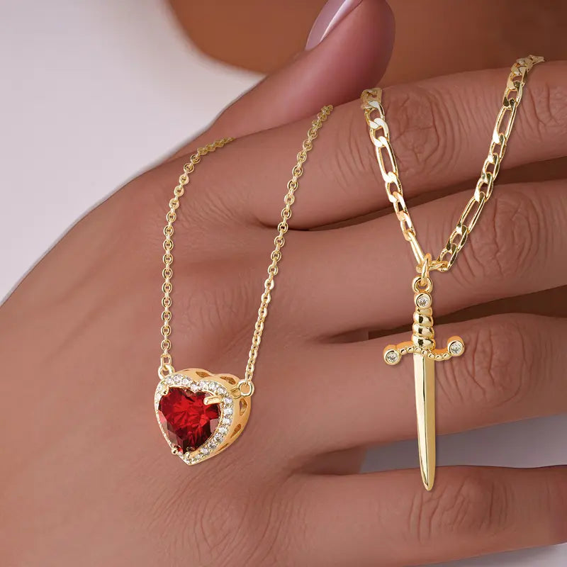 Shared Bond Heart & Sword Necklace Set. Keep One Share One, 14K Gold Plated CZ Pendant Jewelry Gift for Best Friends Sisters Couples & Loved Ones