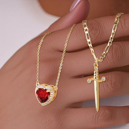 Shared Bond Heart & Sword Necklace Set. Keep One Share One, 14K Gold Plated CZ Pendant Jewelry Gift for Best Friends Sisters Couples & Loved Ones