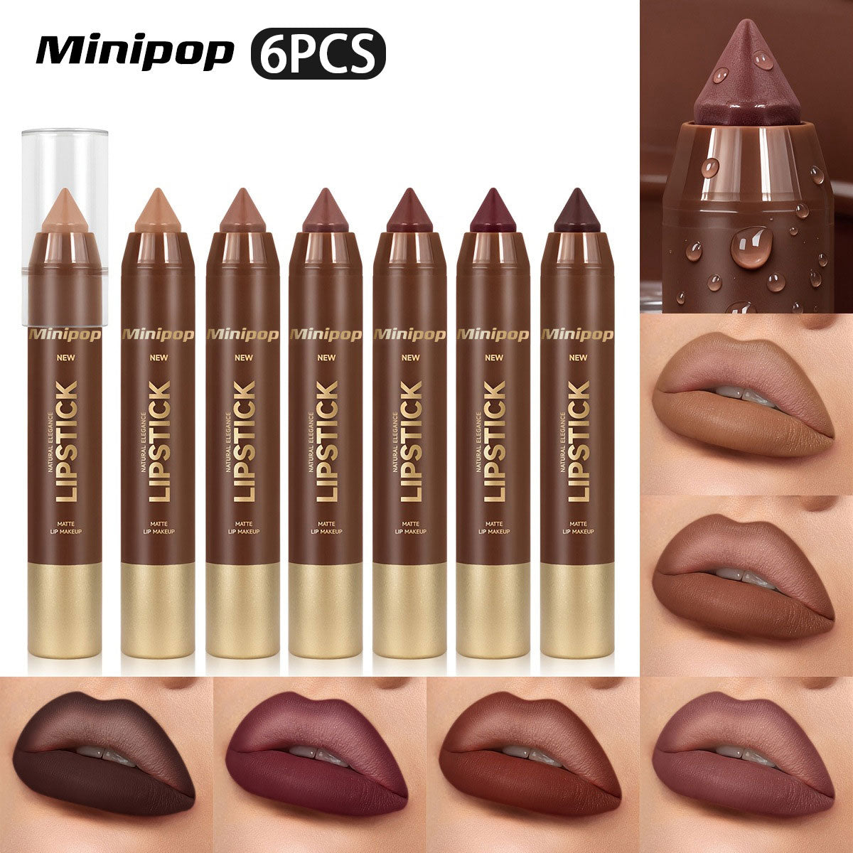 6Pcs Mauve Brown Matte Lip Liner and Lipstick Combo Set Kit