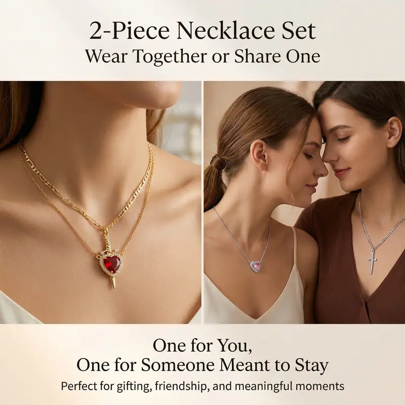 Shared Bond Heart & Sword Necklace Set. Keep One Share One, 14K Gold Plated CZ Pendant Jewelry Gift for Best Friends Sisters Couples & Loved Ones