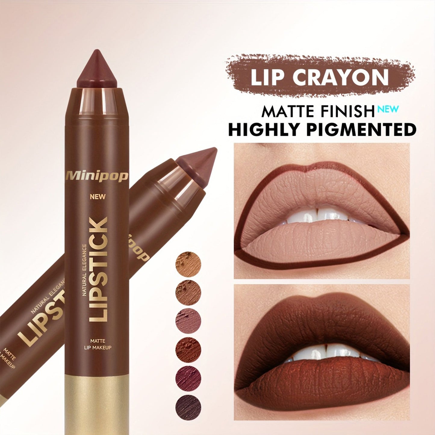6Pcs Mauve Brown Matte Lip Liner and Lipstick Combo Set Kit