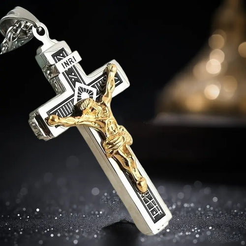 Men's Minimalist Faith Cross Necklace - Stainless Steel with Inscriptions, Durable Fashion Accessory