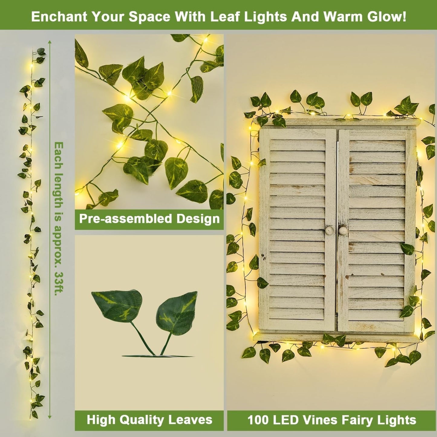 Modern Cordless 33ft 100 LED Ivy String Lights with Remote