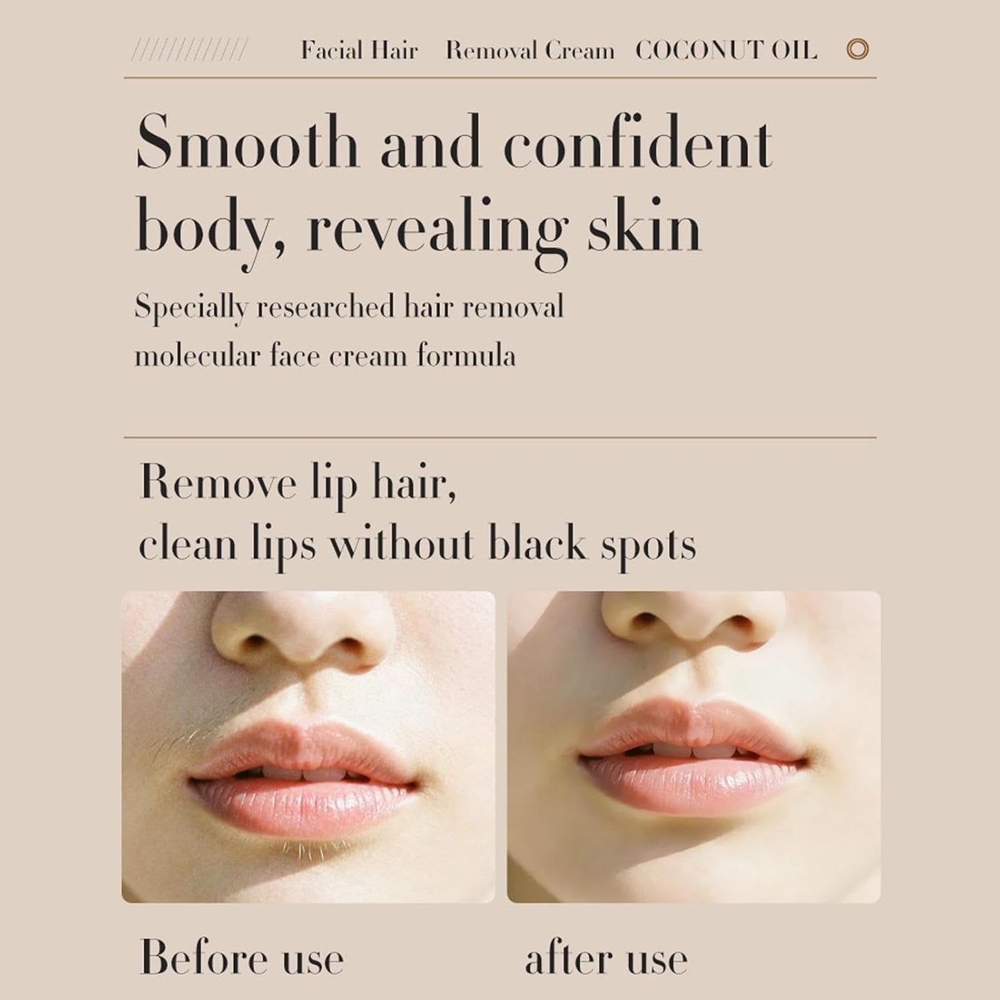 Facial Hair Removal Cream with Coconut Oil, 100g – Gentle Depilatory Cream for Face, Body, Bikini Area, Legs, Underarms, Chest, Back, Stomach, Upper Lip, Chin & Eyebrows