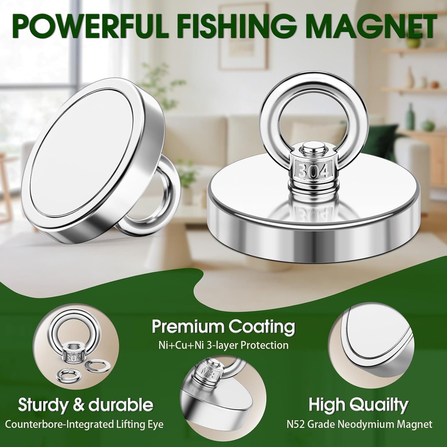 Heavy Duty Fishing Magnets with Countersunk Hole