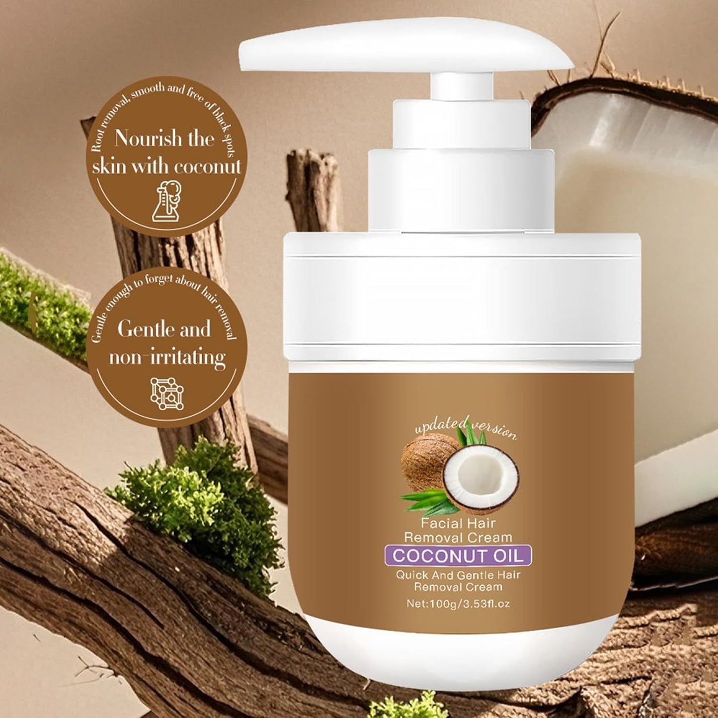 Facial Hair Removal Cream with Coconut Oil, 100g – Gentle Depilatory Cream for Face, Body, Bikini Area, Legs, Underarms, Chest, Back, Stomach, Upper Lip, Chin & Eyebrows