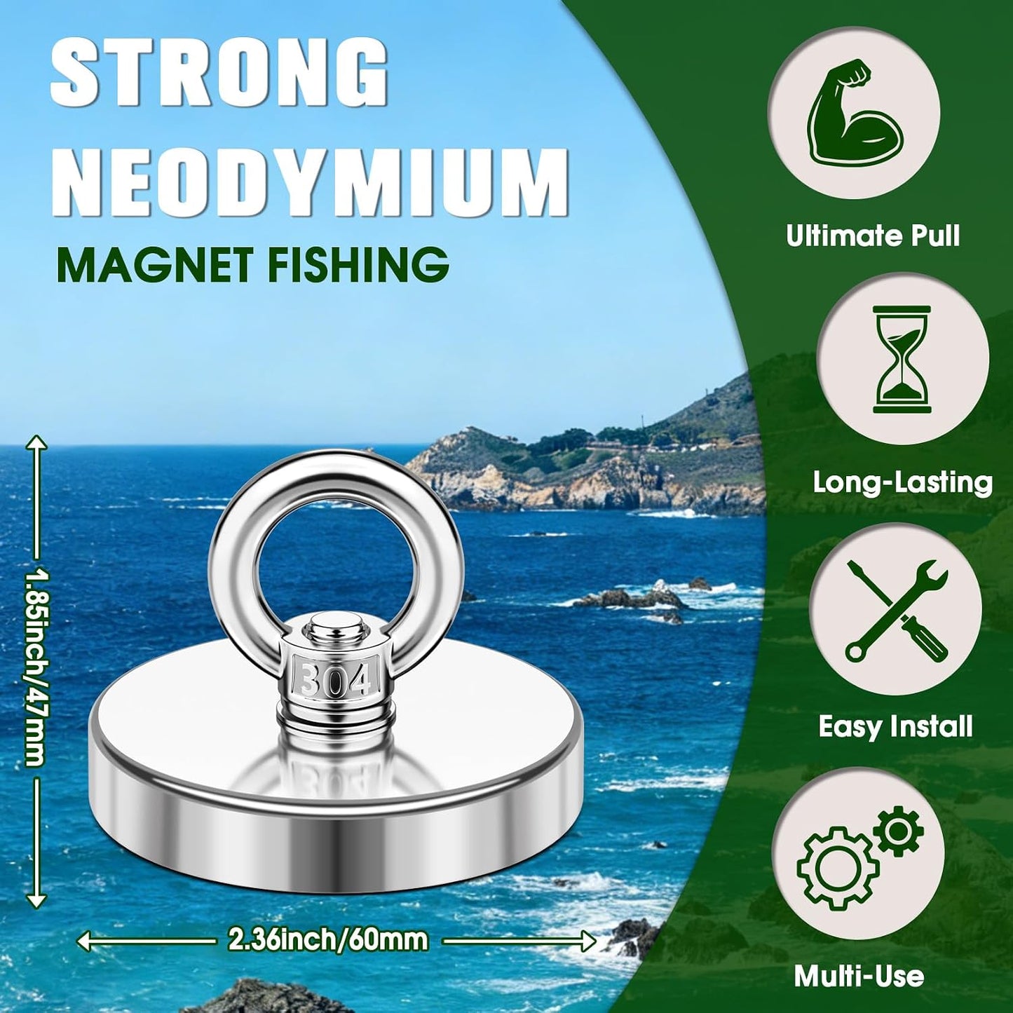 Heavy Duty Fishing Magnets with Countersunk Hole