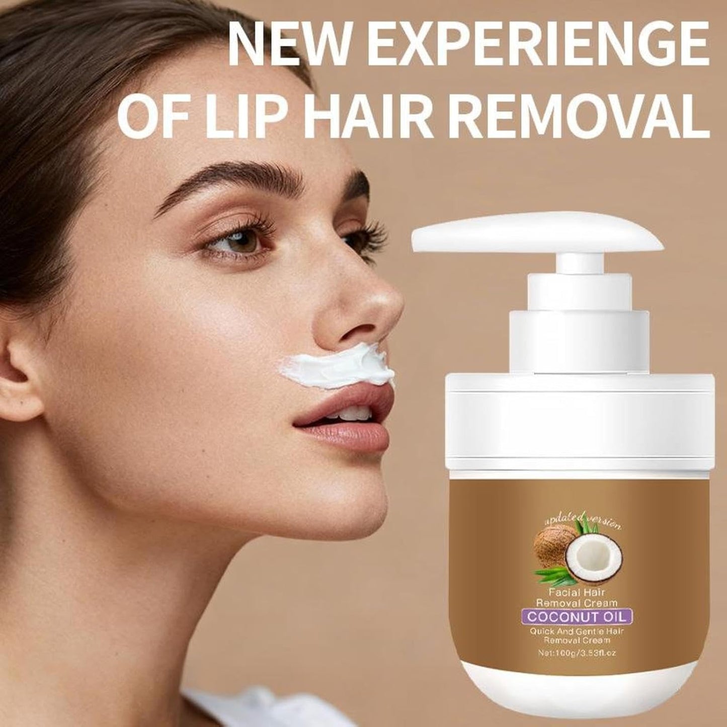 Facial Hair Removal Cream with Coconut Oil, 100g – Gentle Depilatory Cream for Face, Body, Bikini Area, Legs, Underarms, Chest, Back, Stomach, Upper Lip, Chin & Eyebrows