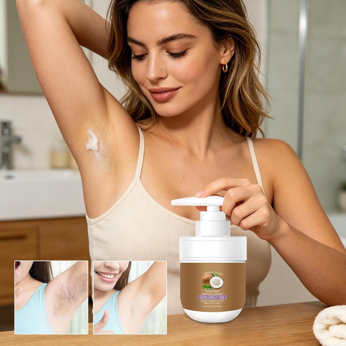 Facial Hair Removal Cream with Coconut Oil, 100g – Gentle Depilatory Cream for Face, Body, Bikini Area, Legs, Underarms, Chest, Back, Stomach, Upper Lip, Chin & Eyebrows