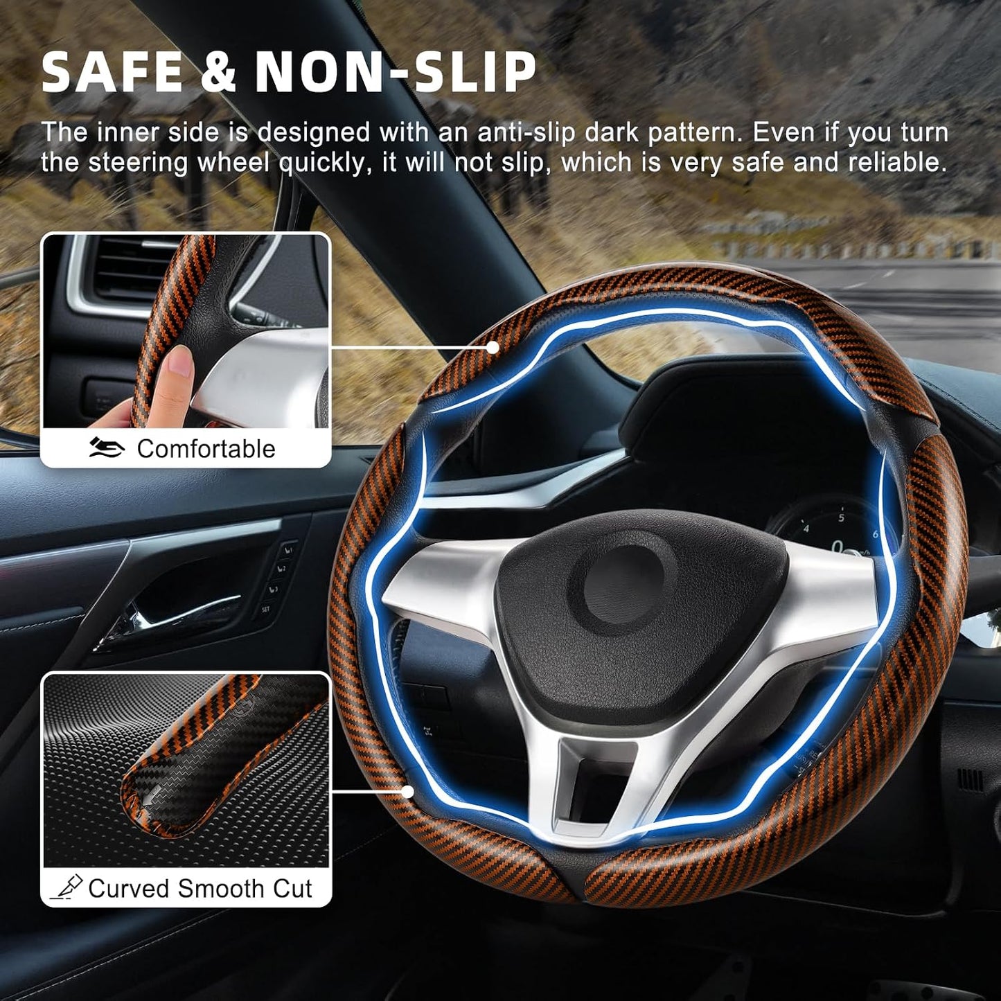 Carbon Fiber Steering Wheel Covers 3 Piece Clip on Steering Wheel Cover