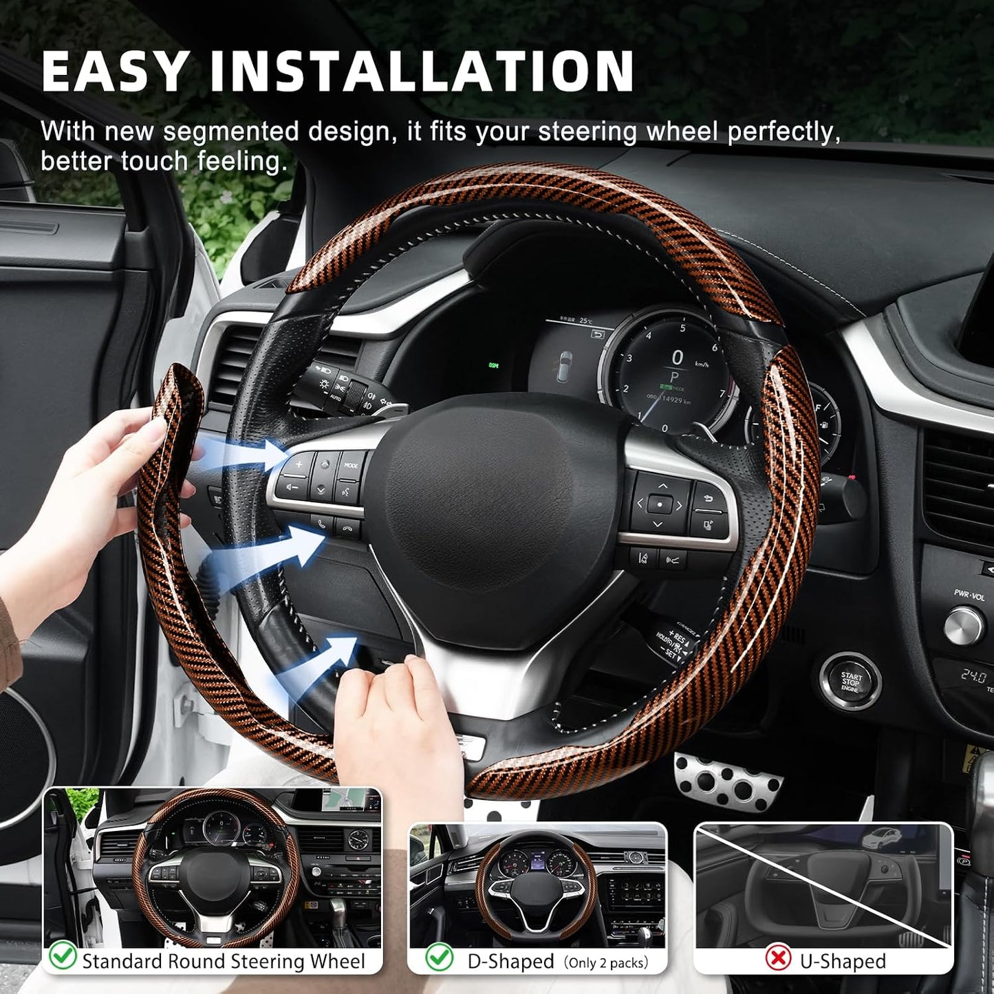 Carbon Fiber Steering Wheel Covers 3 Piece Clip on Steering Wheel Cover
