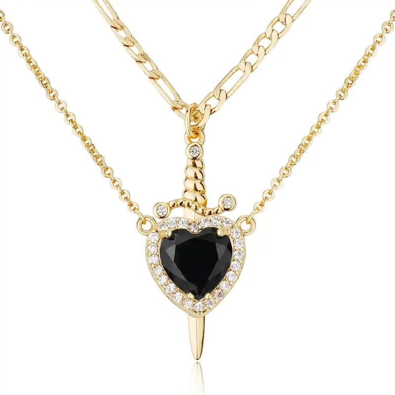 Shared Bond Heart & Sword Necklace Set. Keep One Share One, 14K Gold Plated CZ Pendant Jewelry Gift for Best Friends Sisters Couples & Loved Ones