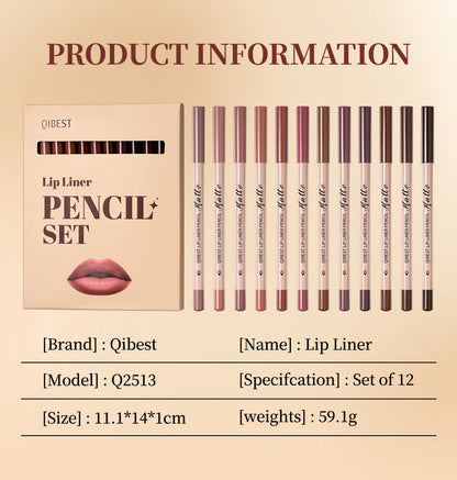 QIBEST 12-Color Matte Lipstick & Lip Liner Set (Wood-Cased)