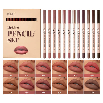 QIBEST 12-Color Matte Lipstick & Lip Liner Set (Wood-Cased)