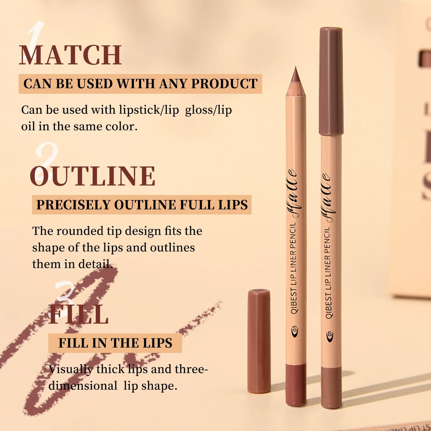 QIBEST 12-Color Matte Lipstick & Lip Liner Set (Wood-Cased)