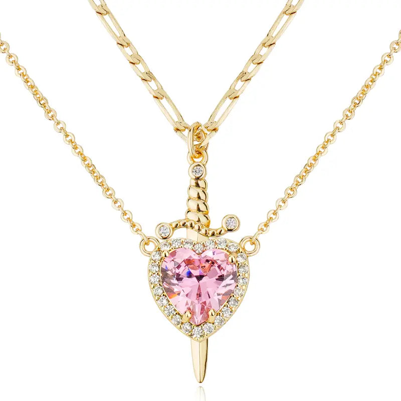 Shared Bond Heart & Sword Necklace Set. Keep One Share One, 14K Gold Plated CZ Pendant Jewelry Gift for Best Friends Sisters Couples & Loved Ones