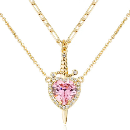 Shared Bond Heart & Sword Necklace Set. Keep One Share One, 14K Gold Plated CZ Pendant Jewelry Gift for Best Friends Sisters Couples & Loved Ones