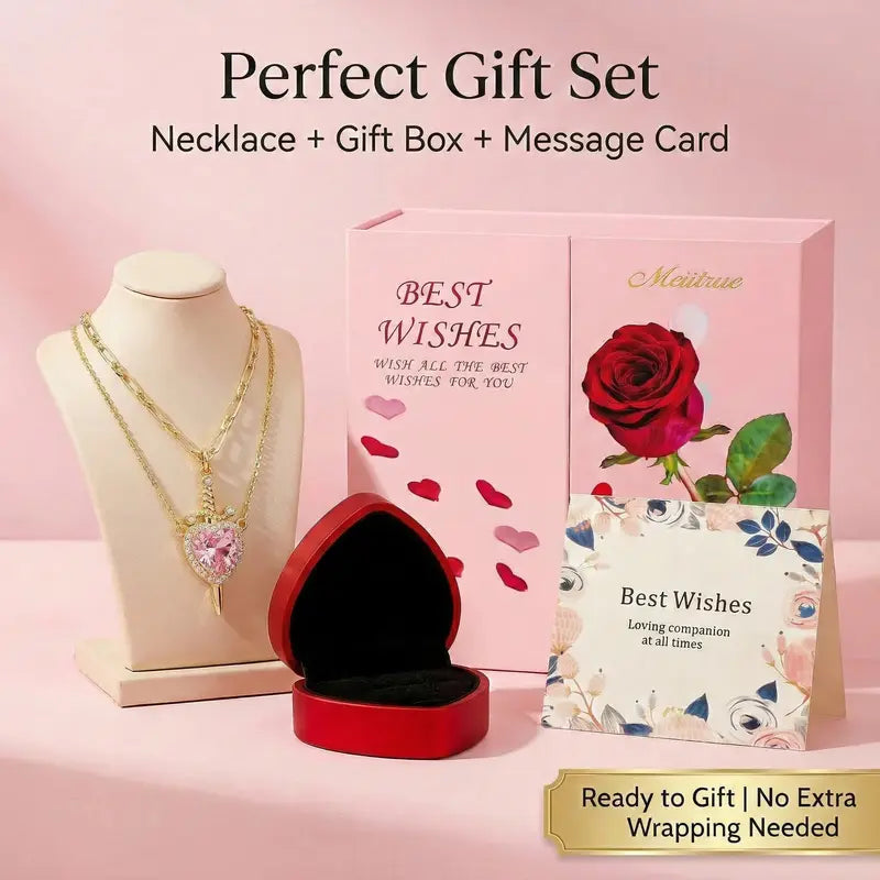 Shared Bond Heart & Sword Necklace Set. Keep One Share One, 14K Gold Plated CZ Pendant Jewelry Gift for Best Friends Sisters Couples & Loved Ones