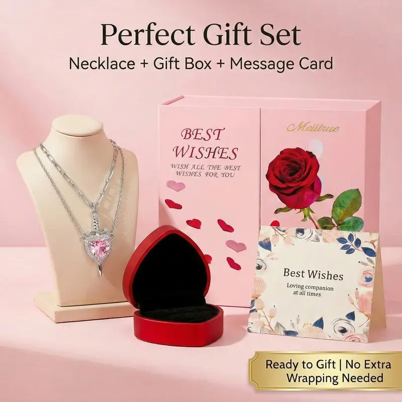 Shared Bond Heart & Sword Necklace Set. Keep One Share One, 14K Gold Plated CZ Pendant Jewelry Gift for Best Friends Sisters Couples & Loved Ones