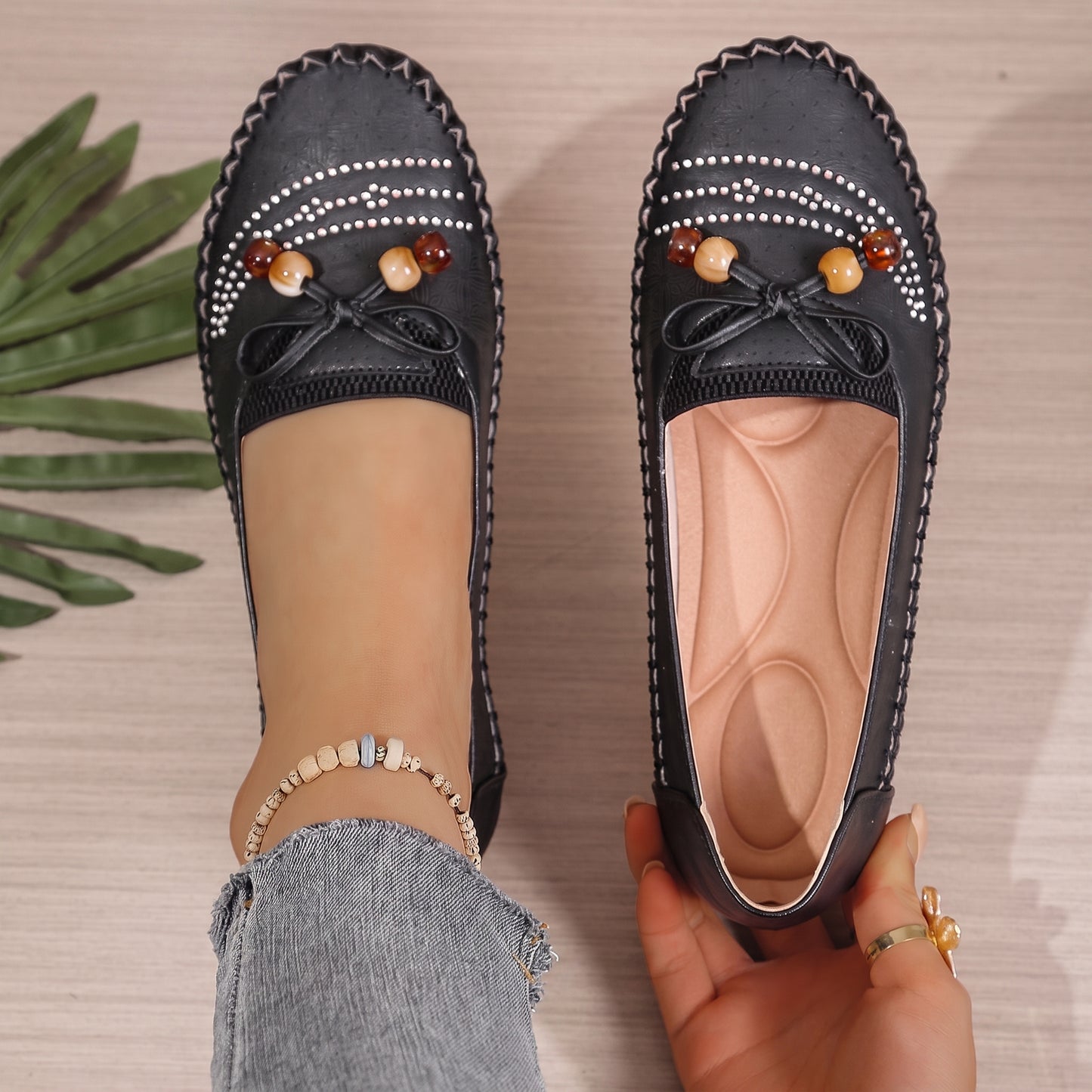 Women's Orthopedic Beaded Bow Loafers – Wide Toe & Cushioned