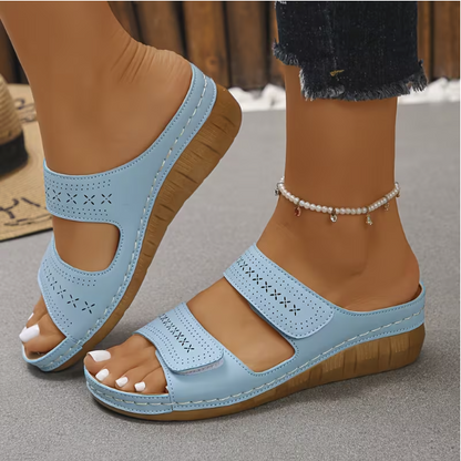 Women'S Comfortable Wedge Sandals, Breathable Hollow Out Double Strap Platform Slides