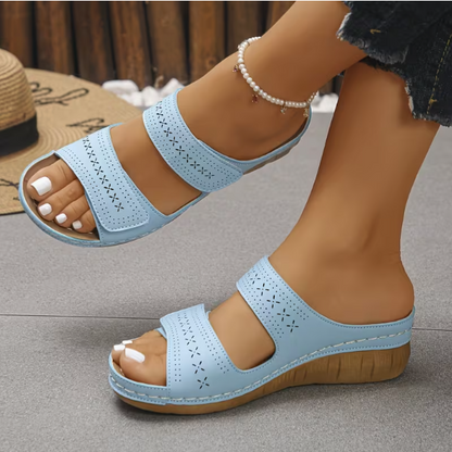 Women'S Comfortable Wedge Sandals, Breathable Hollow Out Double Strap Platform Slides