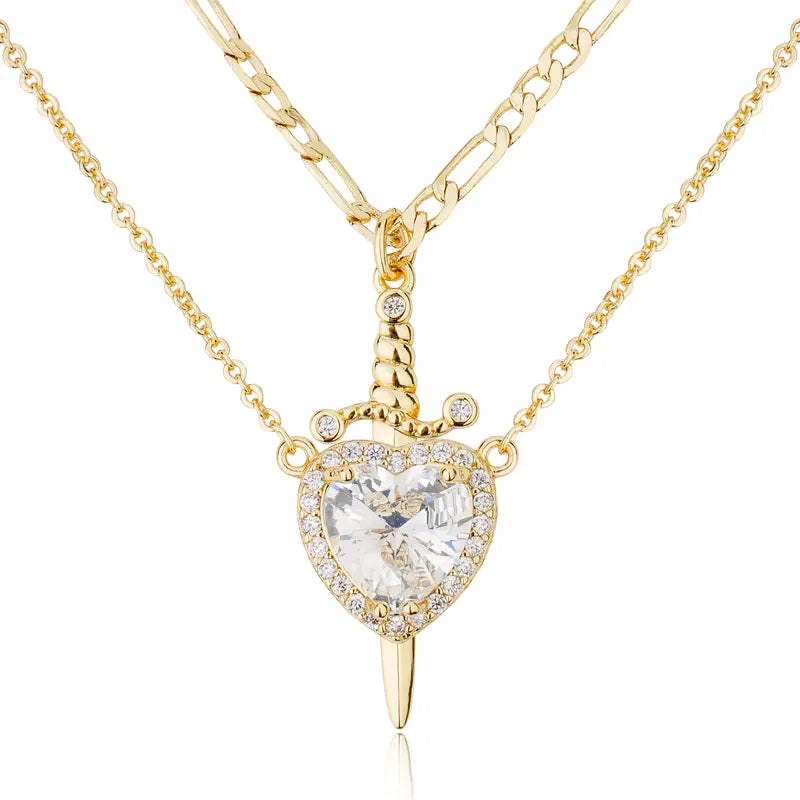 Shared Bond Heart & Sword Necklace Set. Keep One Share One, 14K Gold Plated CZ Pendant Jewelry Gift for Best Friends Sisters Couples & Loved Ones