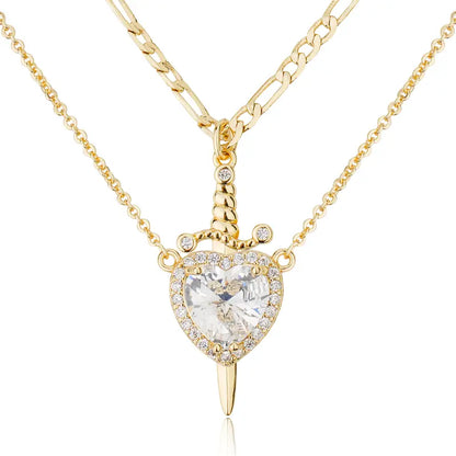 Shared Bond Heart & Sword Necklace Set. Keep One Share One, 14K Gold Plated CZ Pendant Jewelry Gift for Best Friends Sisters Couples & Loved Ones