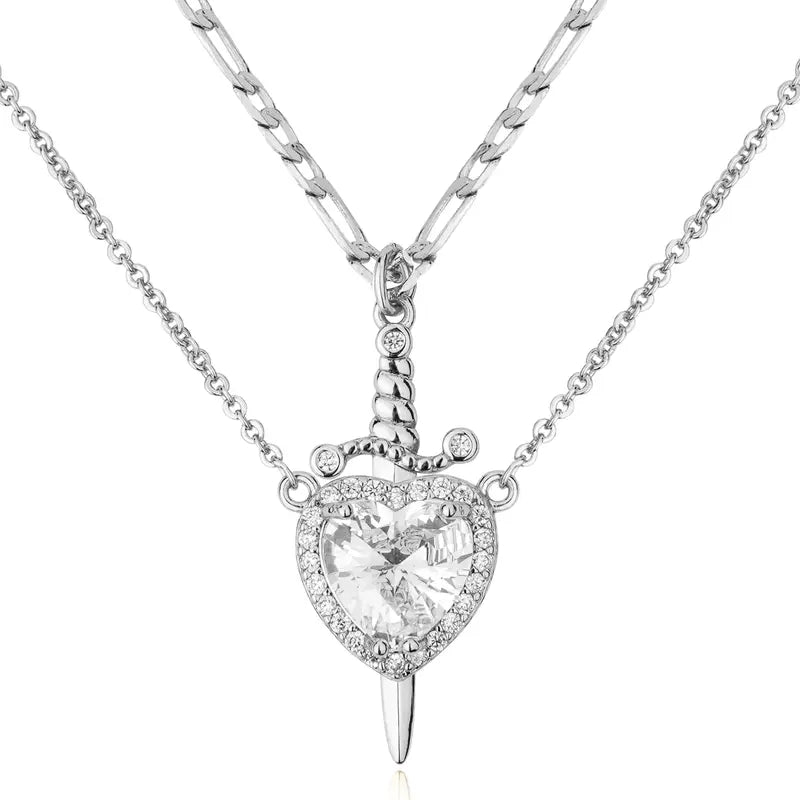 Shared Bond Heart & Sword Necklace Set. Keep One Share One, 14K Gold Plated CZ Pendant Jewelry Gift for Best Friends Sisters Couples & Loved Ones