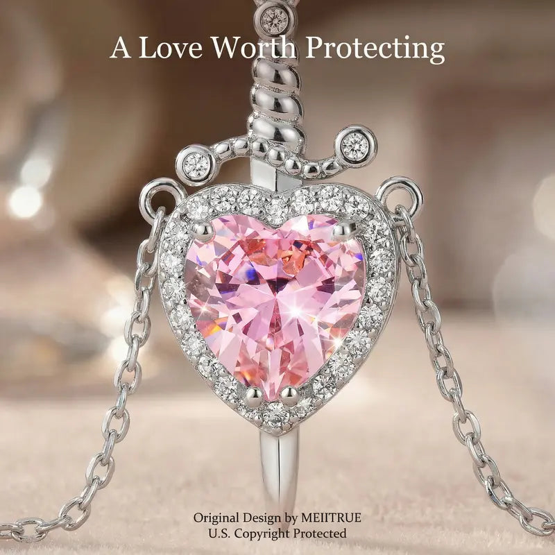 Shared Bond Heart & Sword Necklace Set. Keep One Share One, 14K Gold Plated CZ Pendant Jewelry Gift for Best Friends Sisters Couples & Loved Ones