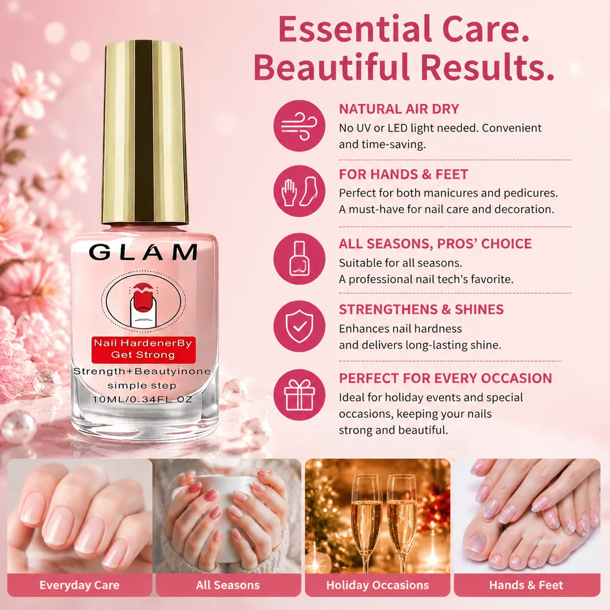 2Pcs Natural Pink Nail Strengthener - 10 ml Nail Care Treatment